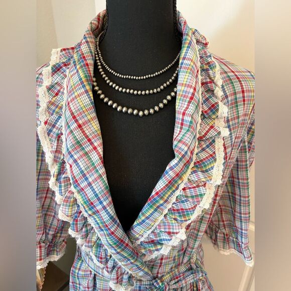 Robert Hunter Vintage 70s Rainbow Plaid Ruffle Puff Sleeve Full Length Robe O/S - Picture 3 of 12